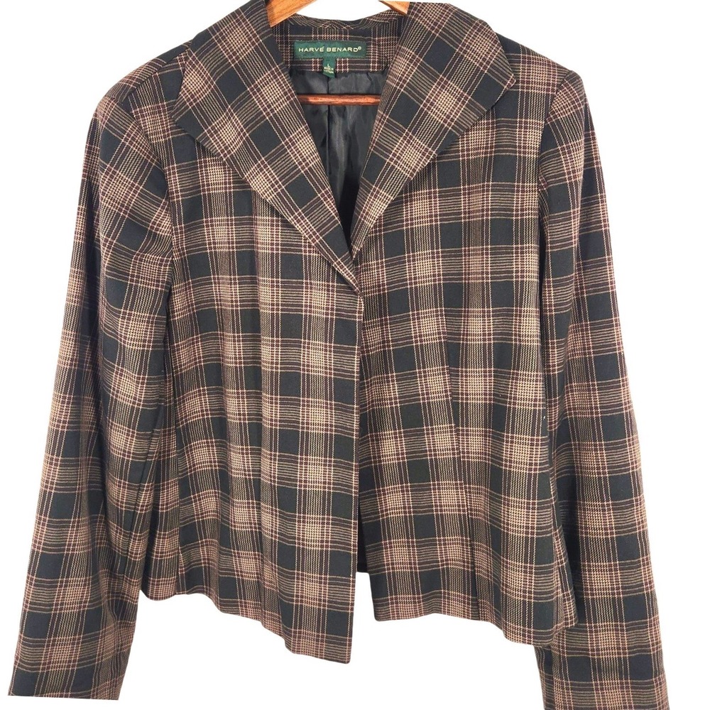 VTG Harve Benard Brown Black Glen Plaid Open Front Blazer Size Large Academia